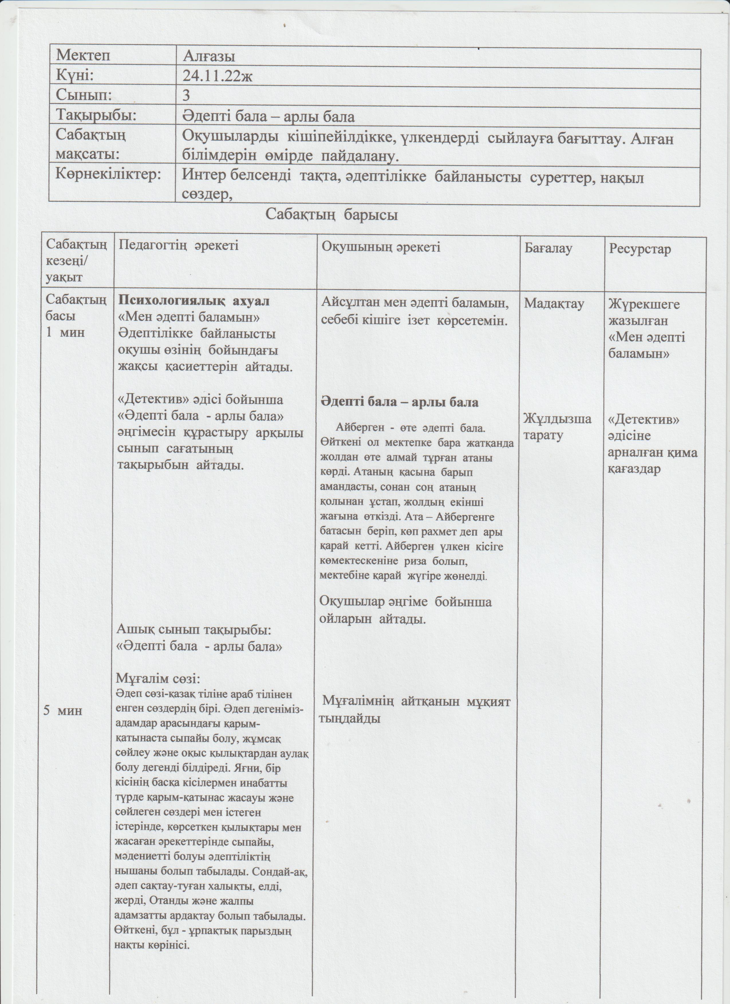 Ашық сынып сағаты "Әдепті бала - арлы бала" 3 сынып