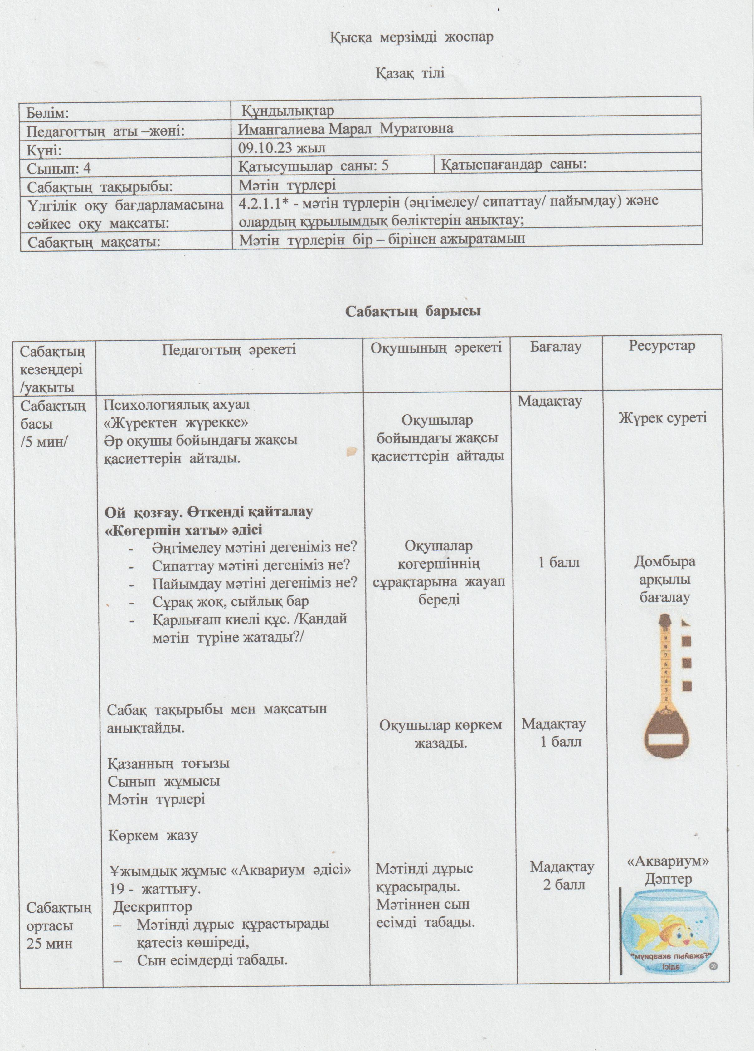Ашық сабақ."Мәтін түрі" 4 - сынып.